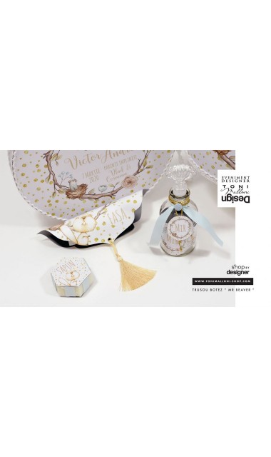 Trusou de botez cu castori, buline gold si ramuri de brad personalizat pentru baieti 12